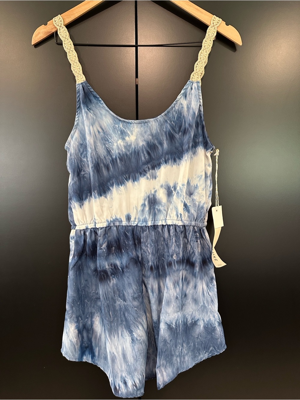 Saltwater Luxe Blue White Tie Dye Romper Crochet Straps Small NWT